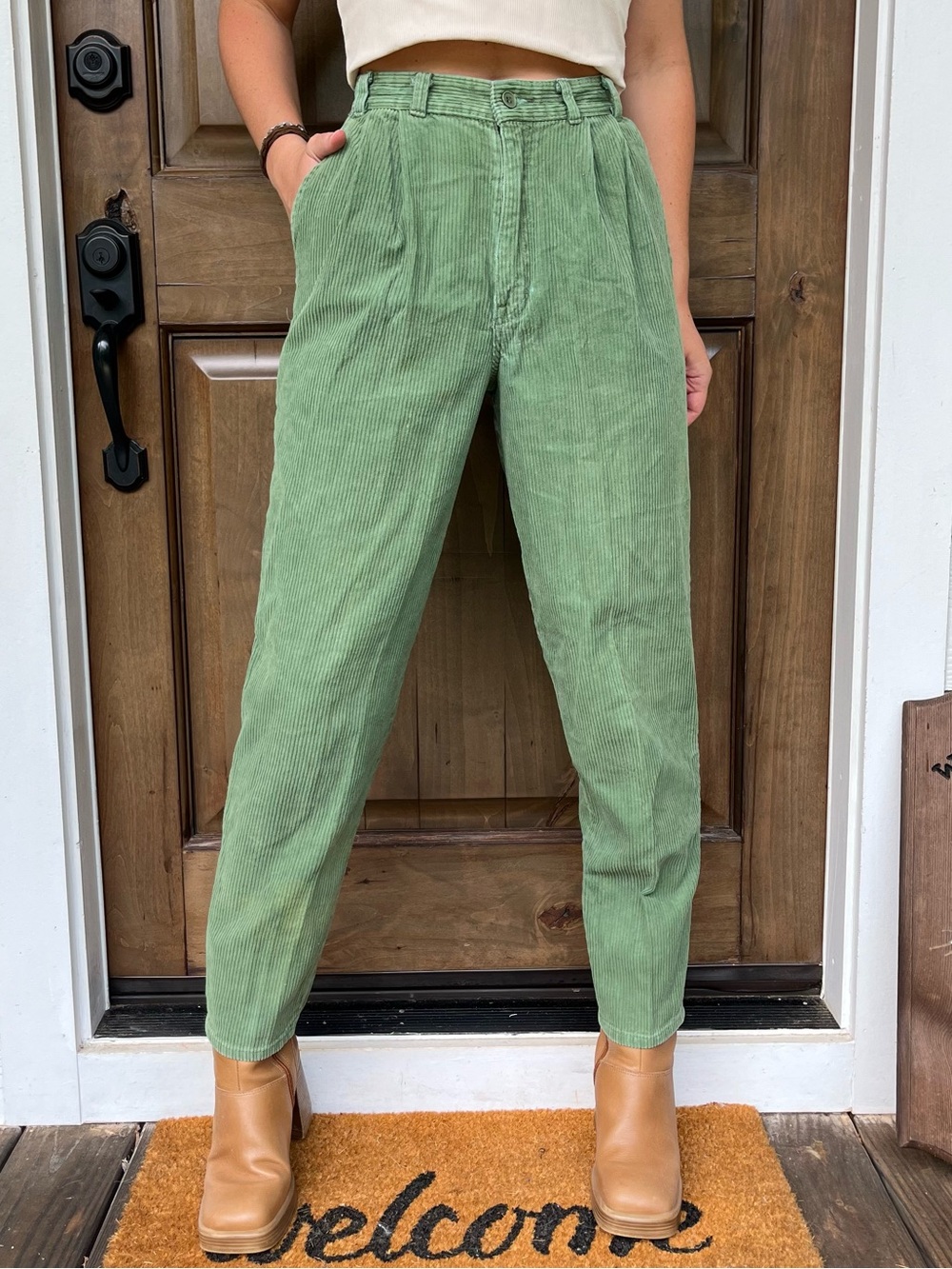 Vintage Green Corduroy High-Waist Trousers